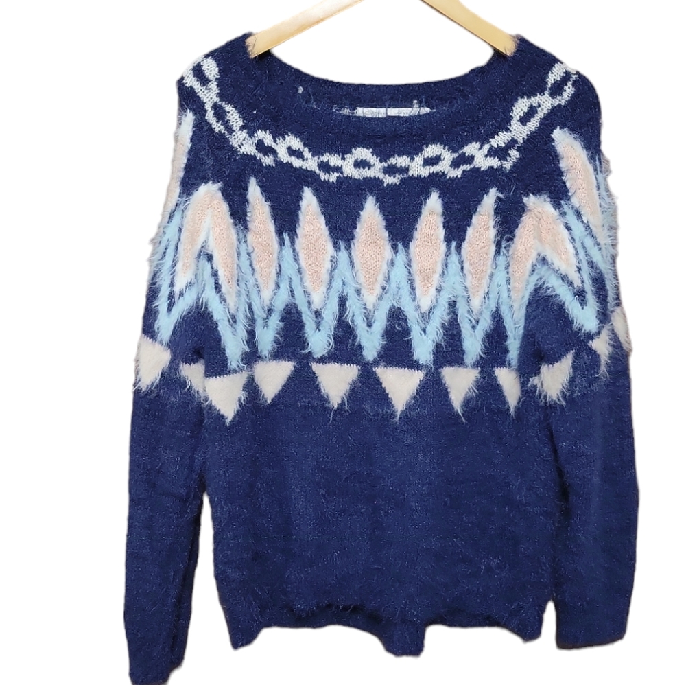 Women's LC Lauren Conrad Fairisle Eyelash Boatneck Sweater Faux Fur Fuzzy Knit